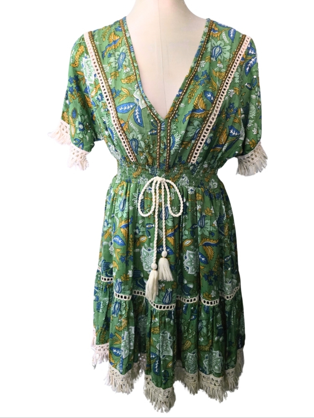 Zury Boho Floral Mini Dress Green V-Neck Tassel Tie Fringe Trim Free One Size